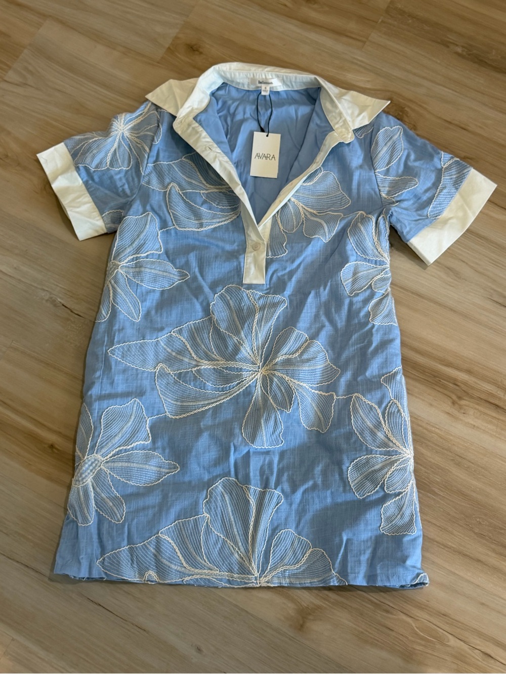 Blue Floral Embroidered Dress with White Trim